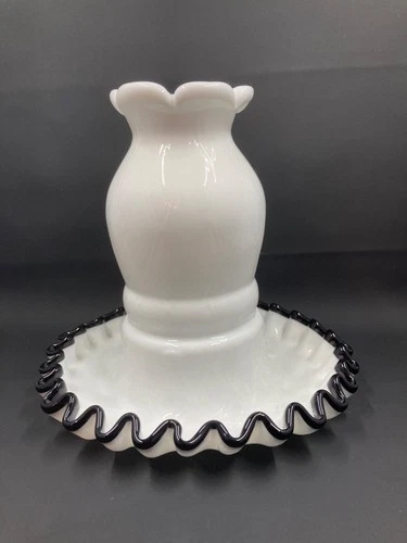 Vintage Fenton Milk Glass Ebony Crest Diamond Optic One Piece Fairy Light Lamp