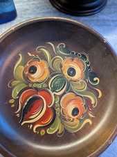 Vintage Wooden Brown Painted Norwegian Rosemaling Decorative Wall Plate, 8.25"