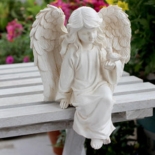 Angel Garden Statue Sitting Angel Sculpture Resin w/Bird Figurine for Patio Yard