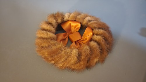 Vintage 1940s-1950s Minks Fur Pillbox Hat with Orange Satin Bow
