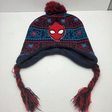 Marvel Spider-Man Beanie Hat Ear Flaps Knit OSFM Blue Red Pom Pom Braided Tassel