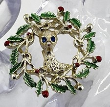 Signed Vintage Gerry's Christmas Wreath Rhinestone Reindeer Brooch/pin