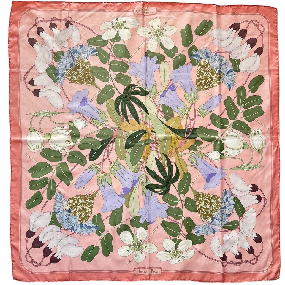 Vintage HERMES Carre 90 Silk Scarf "Flora Graeca" Seibu 50th Anniv. Pink Used - Image 2 of 4