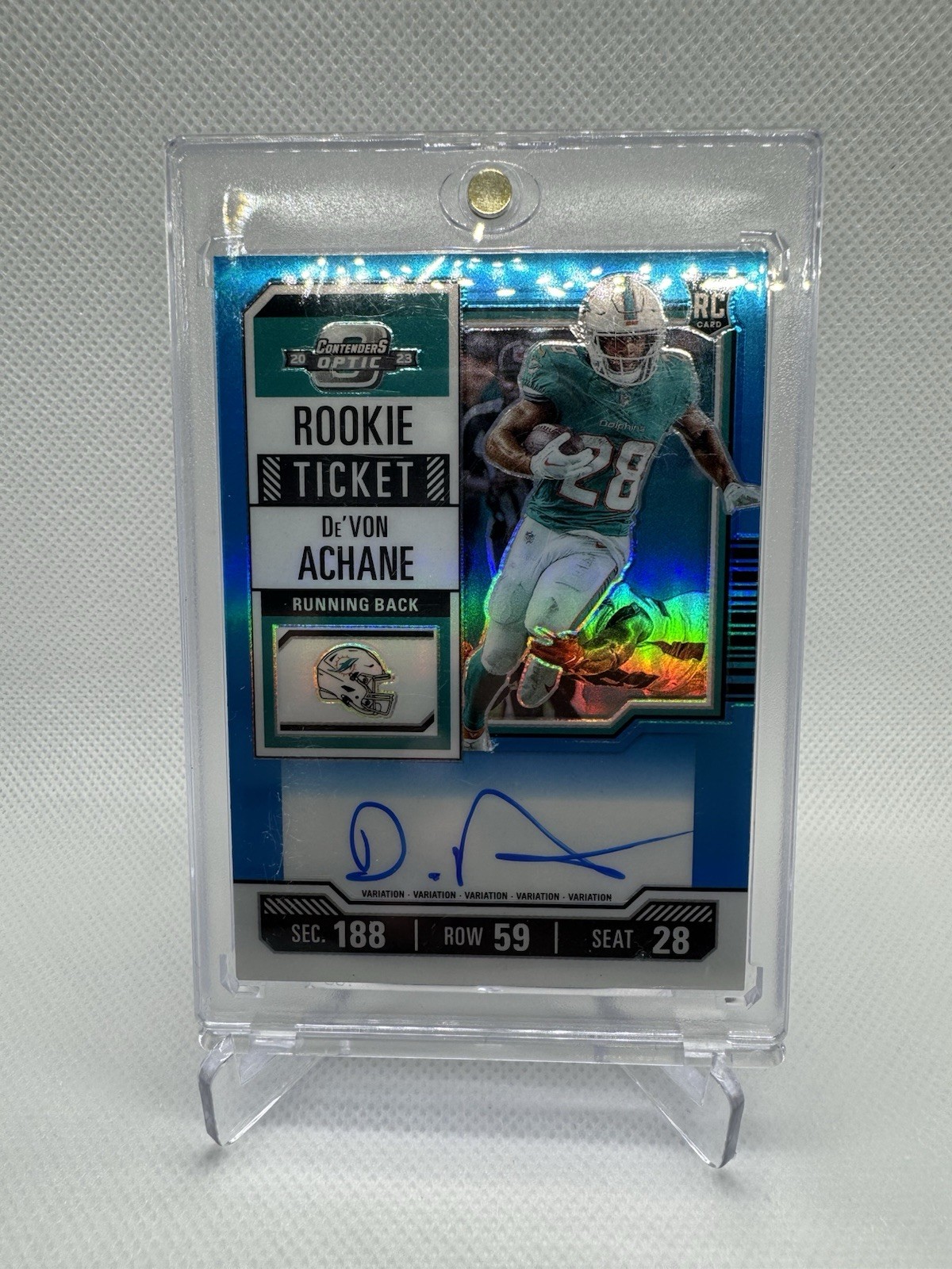 2023 Panini Contenders Optic De'Von Achane Rookie Ticket Auto Blue /75 Dolphins