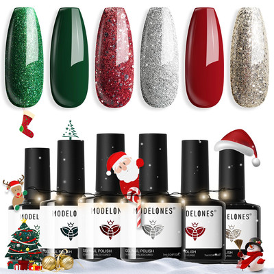 Christmas Gel Nail Polish Set 6 Colors, Winter Sparkle Dark Green Red Glitter Si