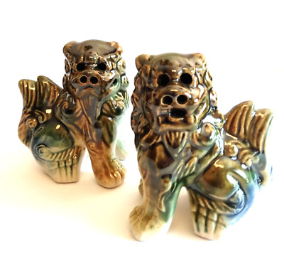 Pair of Vintage Glazed Foo Dogs Lions Ceramic Statues Figures 4 inch Tall