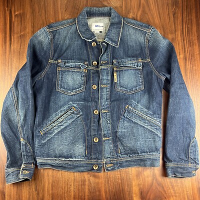 Mens Gas Blue Jeans Vintage Y2K Dark Blue Button Up Denim Jacket Size Large