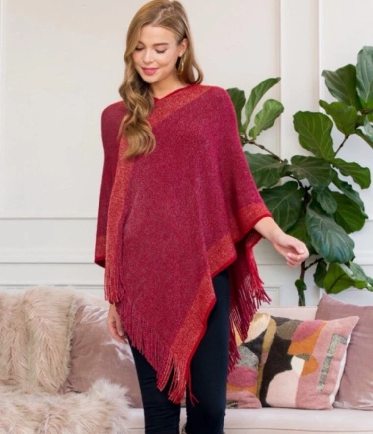 WOMENS ULTRA SOFT TWO TONE FRINGE PONCHO-RIAH FASHION ONE SIZE NEW