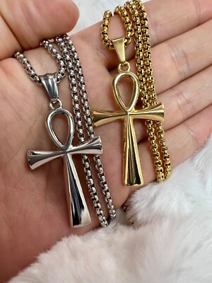 Egyptian Ankh Cross Pendant 22'' Titanium Steel Men's Box Chain Necklace