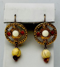Vintage 1980-90s Brass Finish Beige Bead Pierced Earrings