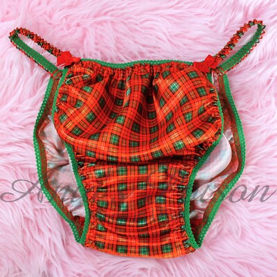 Sissy Satin Panties for MEN - Christmas Plaid Red Green shiny String Bikini M-XL