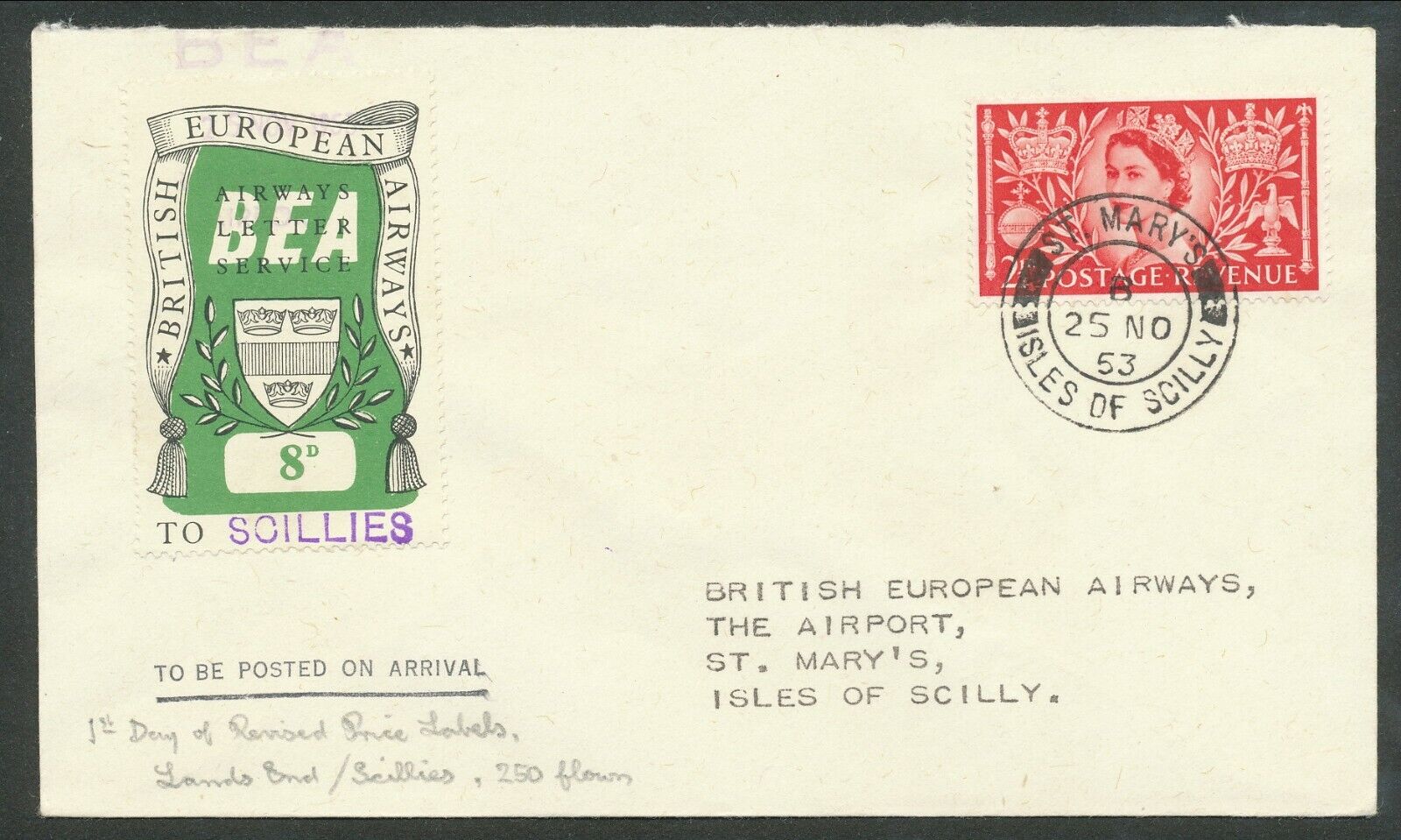 Max 50% Long-awaited OFF GB 1953 BRITISH EUROPEAN AIRWAYS SERVICE TO LETTER ISLES