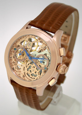 New Auguste Galan Skeletal Chronograph Rose G. Decorated Both Sides 1 / 3 RARE !