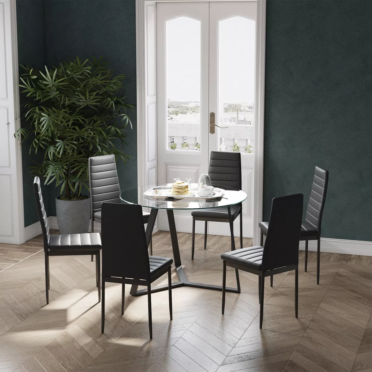 Clear Glass Dining Table Chairs Set Metal Leg Dining Room Chrome Cafe Furniture