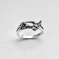 Sterling Silver Flower and Hummingbird Ring, Silver Rings, Animal Ring, Birds