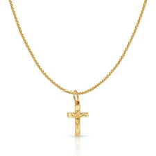 14K Yellow Gold Crucifix Charm Pendant with 0.9mm Wheat Chain Necklace