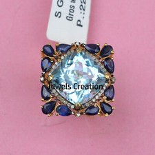 Blue Topaz Sapphire Gemstone Pave Diamond Designer 925 Silver Gold Plated Ring