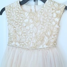 GIRL Sz. 7 Cream Gold Formal Dress Princess Wedding Flower Christmas Beige Tulle