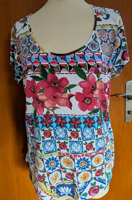 Desigual Damen T-Shirt Gr. XL Mehrfarbig Blumenmuster Kurzarm Rundhals