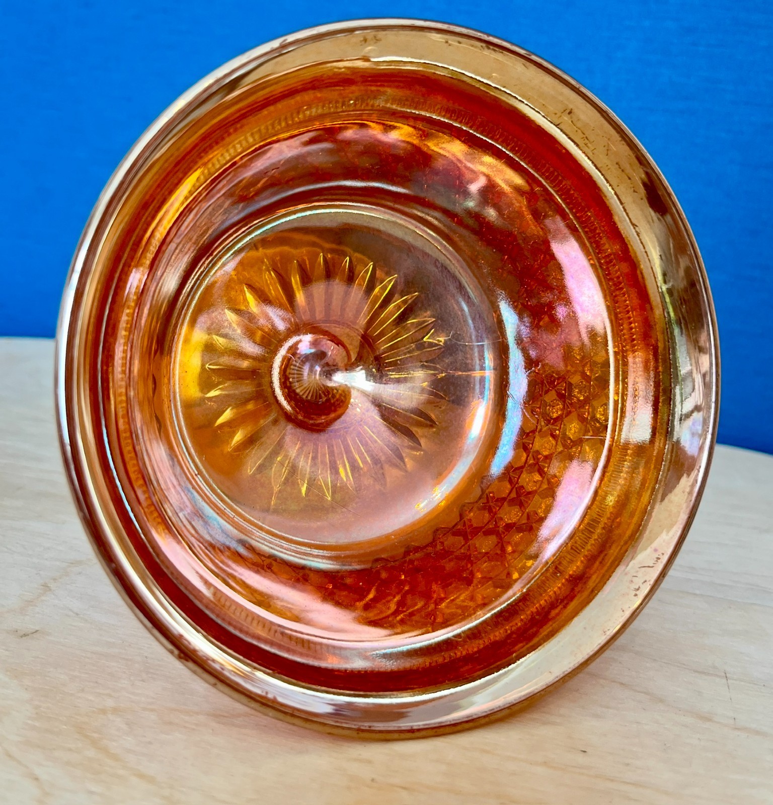 Vintage Marigold Carnival Glass Pedestal Bowl Compote Diamond Pattern Fruit Dish image 8