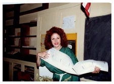 1980s Woman in Green Dress Holding Continuous Form Computer Paper Vintage photo
