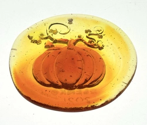Blenko Handmade Glass Pumpkin Suncatcher Ornament in Tangerine Signed