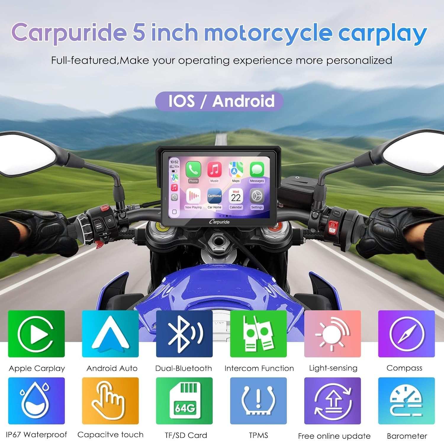 CarPlay Moto Écran 5 Pouces pour Randonnée avec Altimètre et Boussole