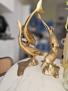 Vintage Brass Dolphin Sculpture Set Coastal Nautical Decor Mid Century Dolphins