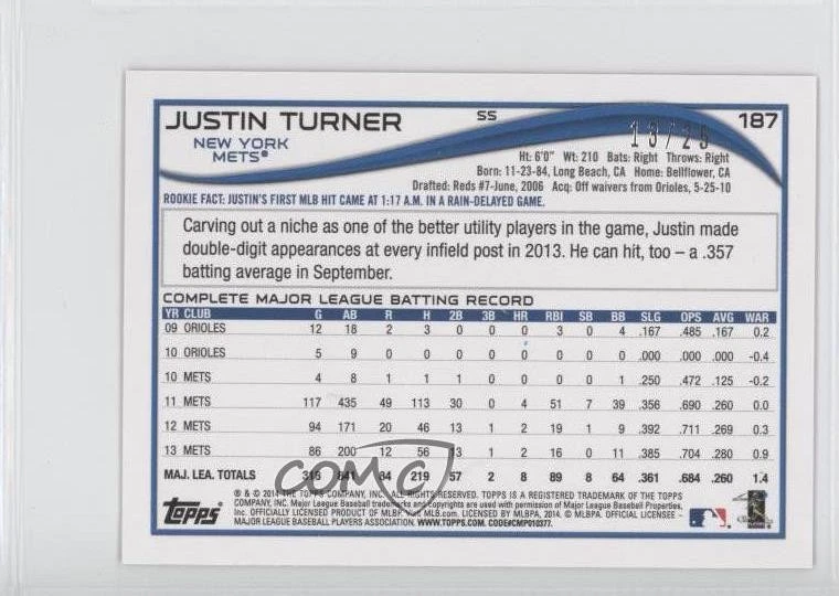 2014 Topps Mini Pink BCA 13/25 Justin Turner #187 - Image 2 of 3