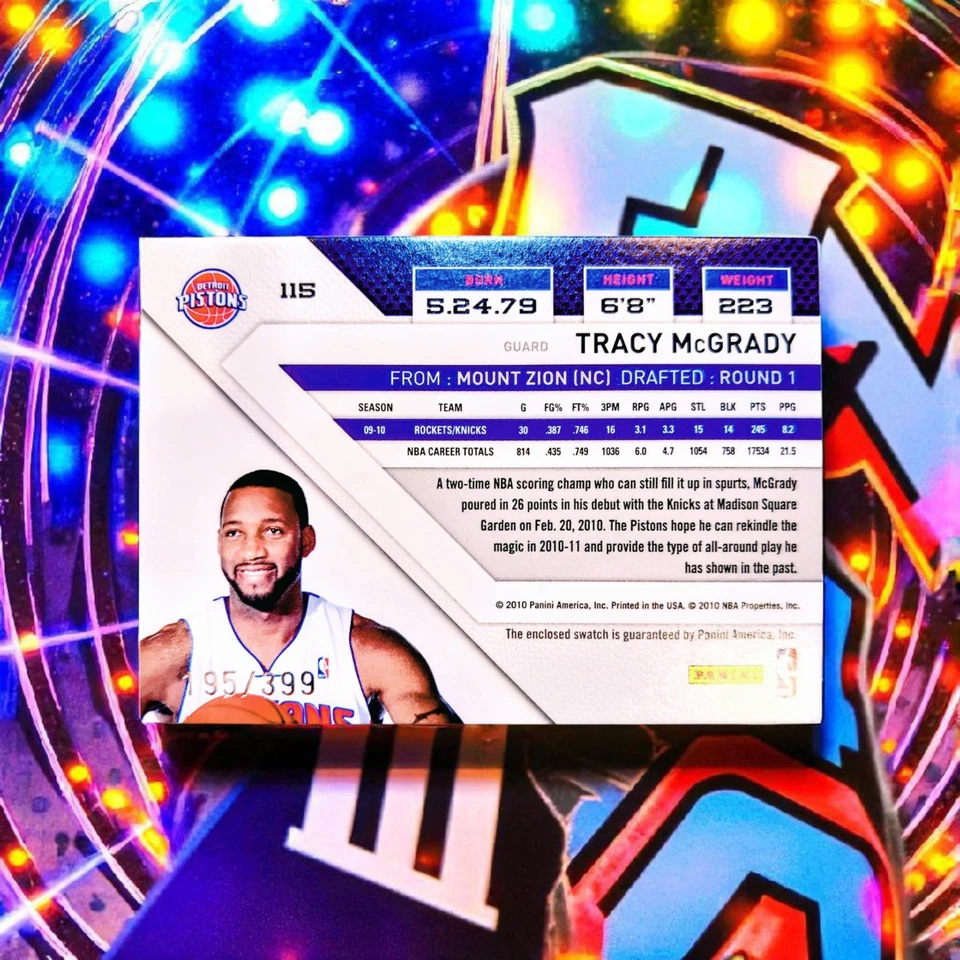 2010-11 Panini Threads Jerseys #115 Tracy McGrady Detroit Pistons HOF NBA SN/399 - Image 2 of 2