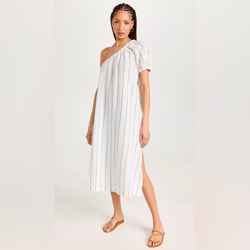 NWT Madewell Melody One Shoulder Seersucker White and Blue Striped Midi Dress M