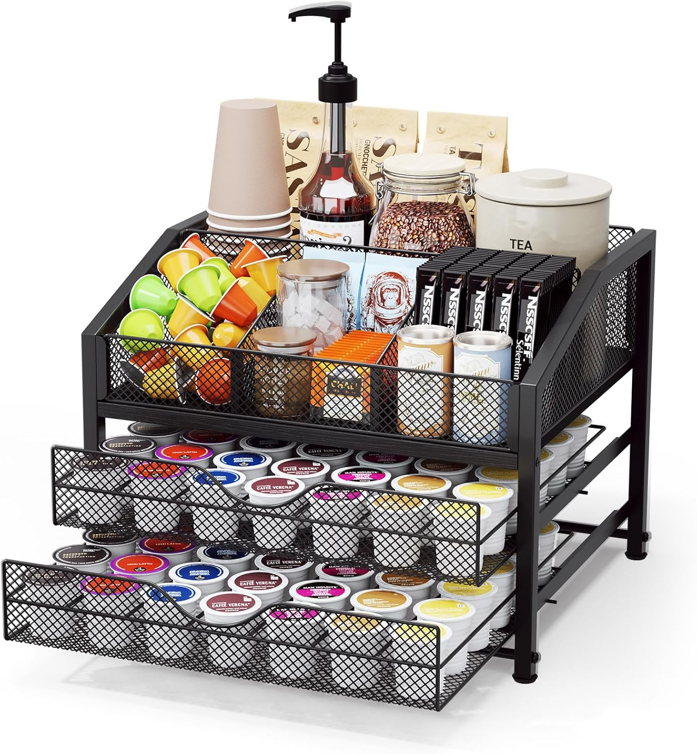 Coffee Bar Organizer Countertop K Cup Holder Metal Wood Storage for Cups & Syrup