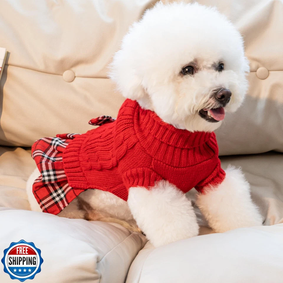 WOYYHO Niña Perro Suéter Vestido con Pajarita Cuello Alto Perros Pequeños Suéter con Foto 4 de 4
