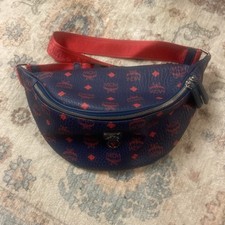 Authentic MCM Unisex Visetos blue  Red Logo Fursten Belt Bag Brand New Pack