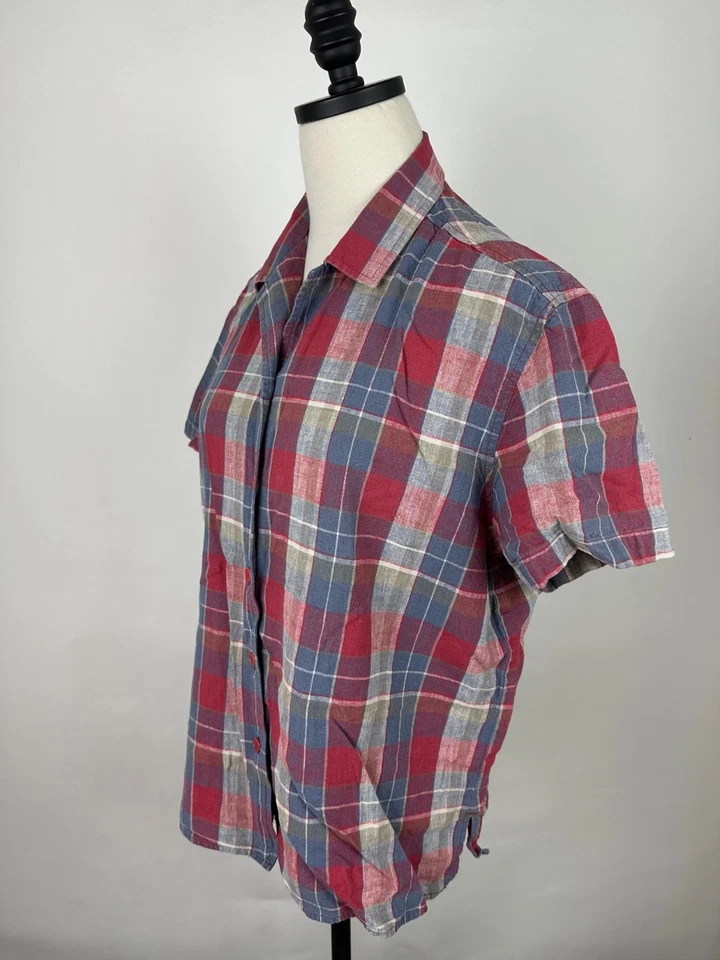 Vintage 90s Plaid Shirt Womens Large Woven Linen Cotton Blend Boxy Minimalist - Image 4 of 4