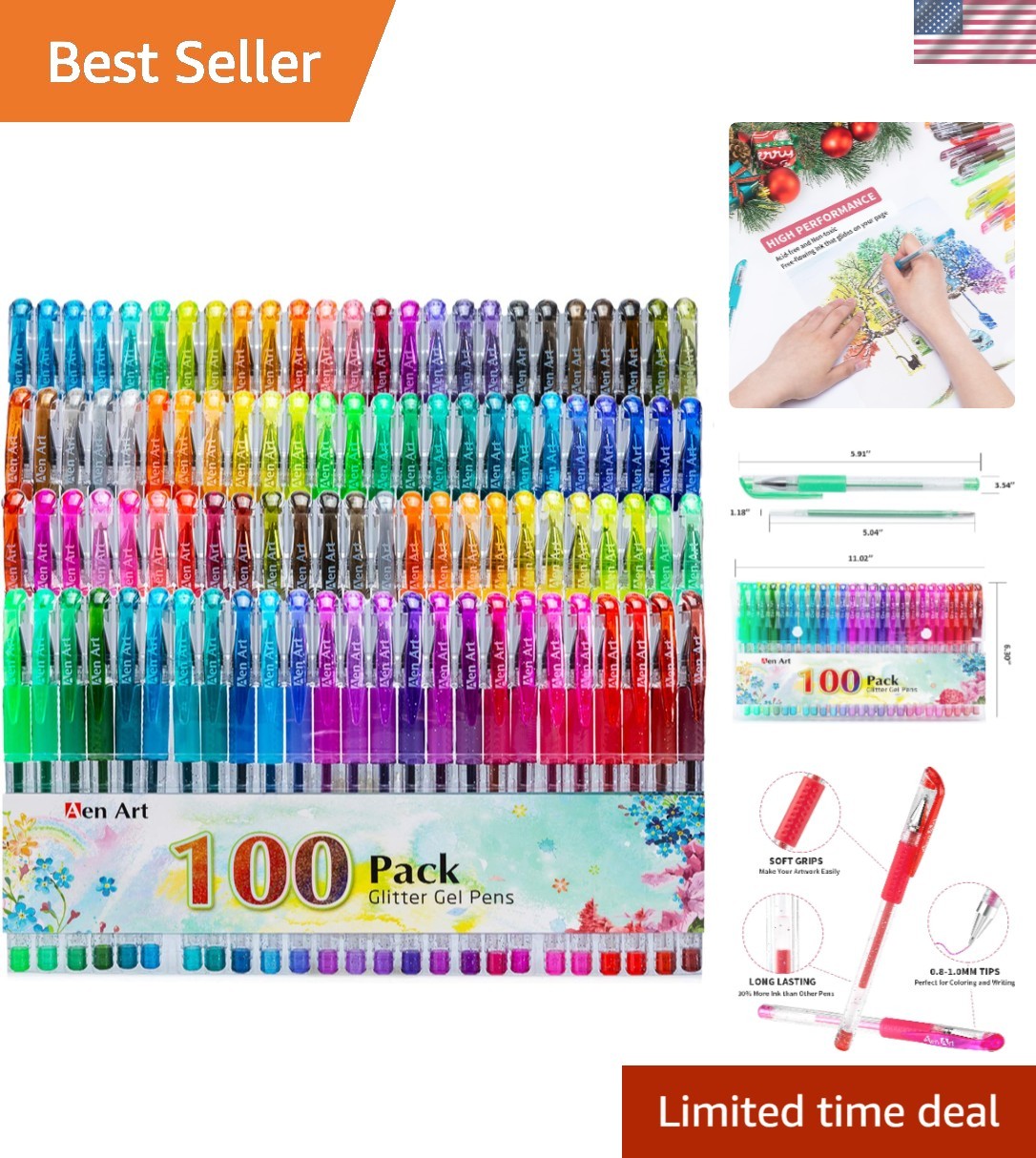 Non-Toxic Glitter Gel Pens, 100 Colors Set - Comfort Grip fo