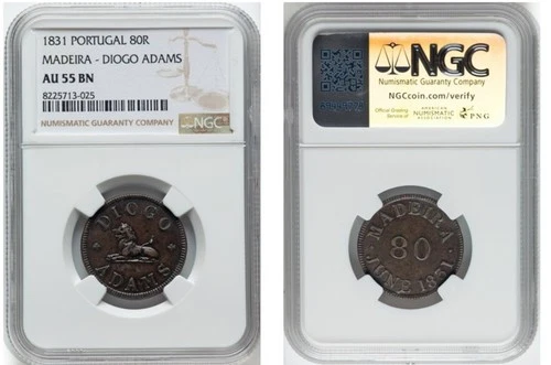 Portugal: Madeira Islands. Diogo Adams 80 Reis Token 1831 AU55 Brown NGC