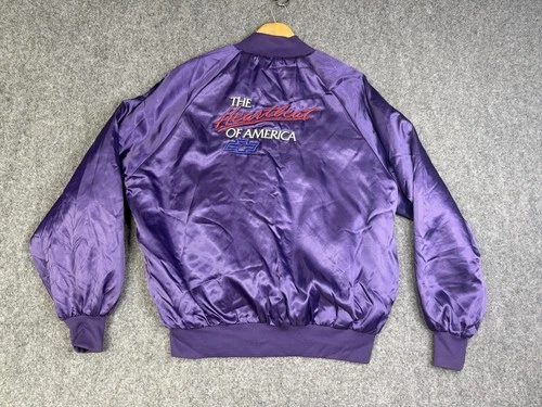 Vintage 90’s Chevrolet “ The Heartbeat Of America” Purple Satin Jacket Size Med. - product listing photo