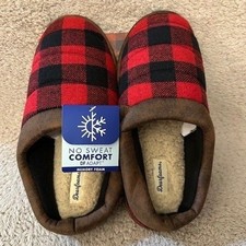 Dearfoams Slippers Men Medium 9-10 Red Buffalo Plaid Clog Memory Foam NEW