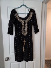 Pakistani Black Salwar Dress, gold hand embroidery & sequin work throughout.