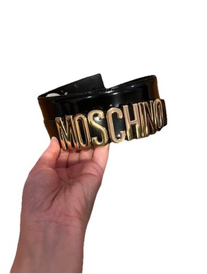 Moschino Black Leather Logo Belt Gold Hardware NWT Size 38 Classic Style