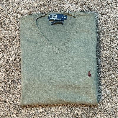 Polo Ralph Lauren Herren Pullover XL Grün Baumwolle Feinstrick V-Ausschnitt Logo