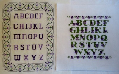 2 x Completed Cross Stitch Embroidery Samplers Purple & Green Ready To Frame