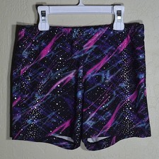 Danskin Now Performance Shorts Girls Lrg 10/12 Galaxy Print Purple Pink Silver