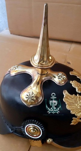 German pickelhaube black leather helmet wwI & WWII long spiked helmet Decorative - Afbeelding 7 van 9