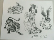 VTG 1978 RARE Picture Machine Tattoo Flash Sheet 230 Geisha Lion Eagle Fish