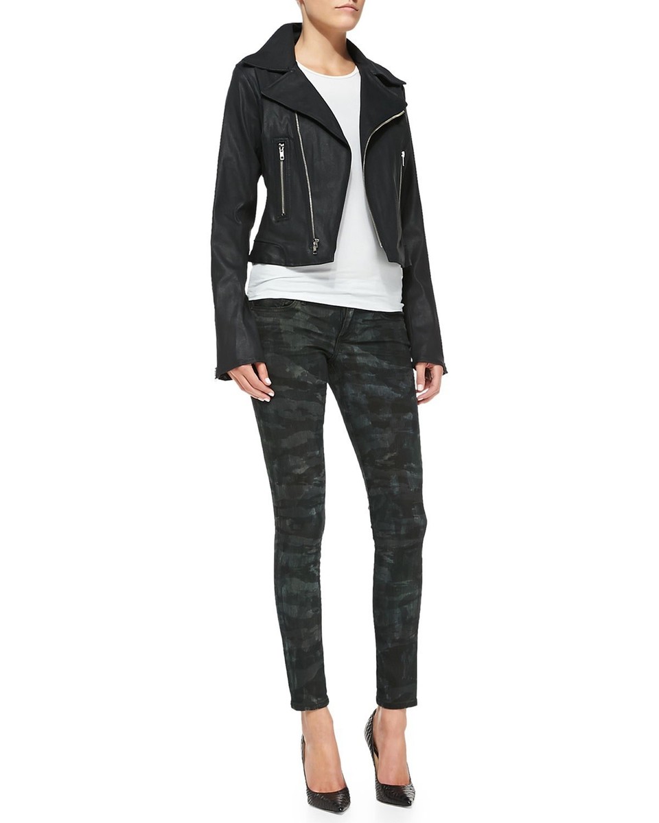 NEW TRUE RELIGION Brand Women Zip Moto Black Coated Twill Faux Leather  Jacket