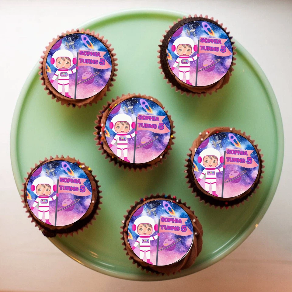 Topper de pastel comestible para niña astronauta, hoja de glaseado, adorno comestible rosa espacial Foto 2 de 3