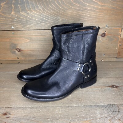 Frye 3471367 BLK Phillip Harness Moto Black Leather Boots Zip Women's Size 8 US
