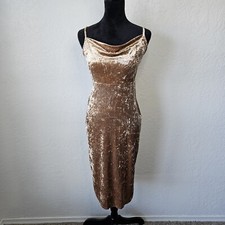 Y2K Forever 21 Crushed Velvet Midi Dress Tan Sz Med fairycore Corset Cowl Coquet